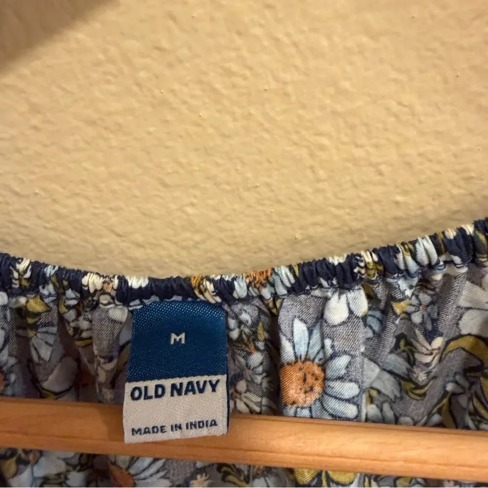 Old Navy Blue Cotton Floral Puff Sleeve Blouse Top Medium